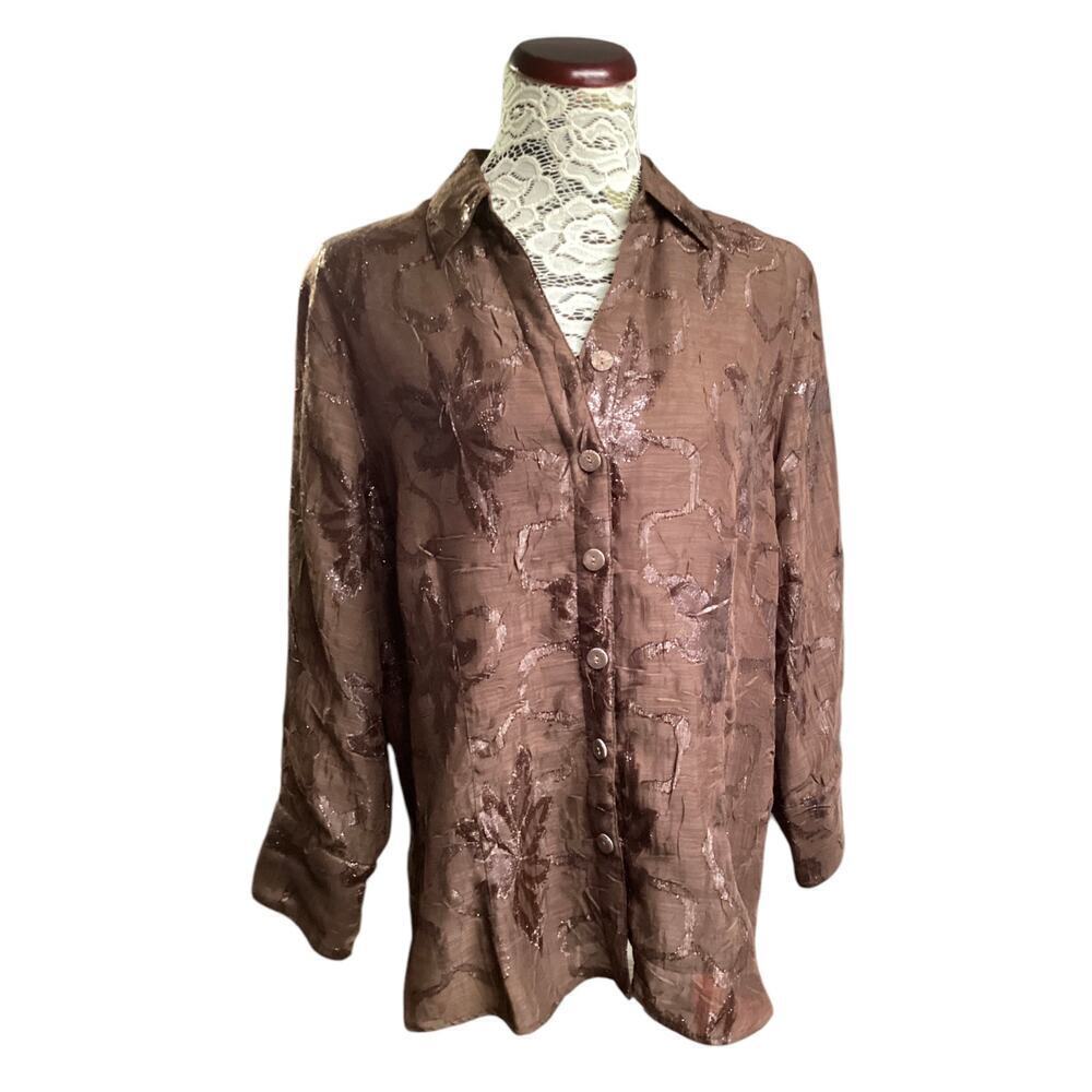 Coldwater Creek crinkle brown shimmery floral long sleeve blouse L (14-16)